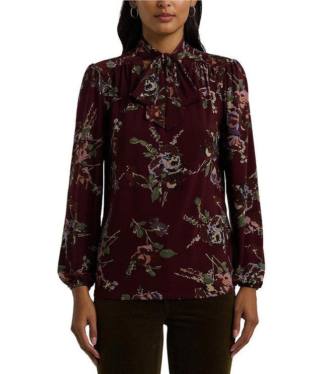 Lauren Ralph Lauren Rushbe Floral Stretch Jersey Tie-Neck Long Sleeve Top Product Image