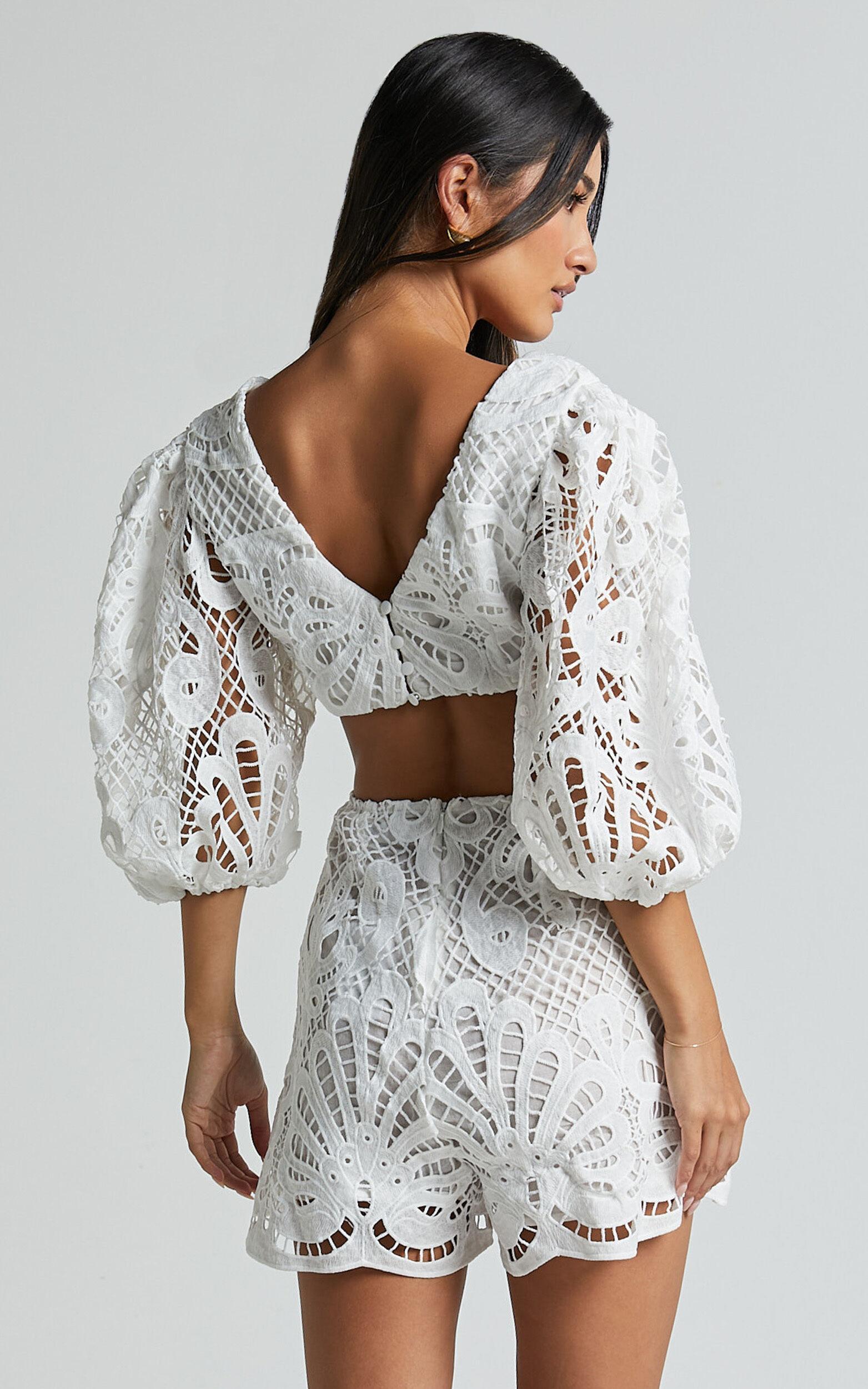 Channing Playsuit - Lace Short Puff Sleeve Playsuit in White Product Image