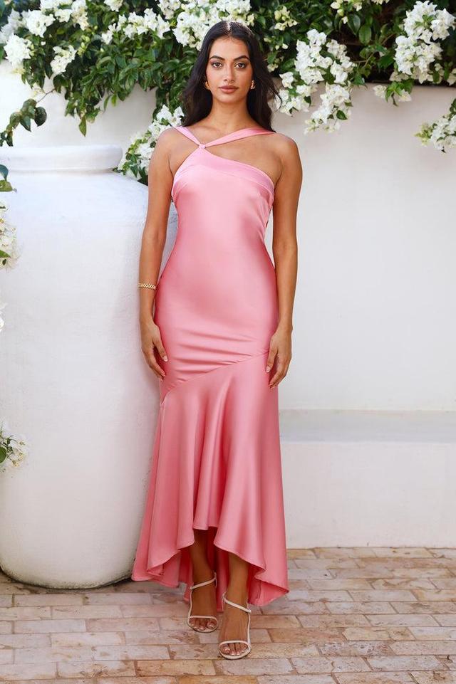 Romantic Affair Satin One Shoulder Maxi Dress Pink Product Image