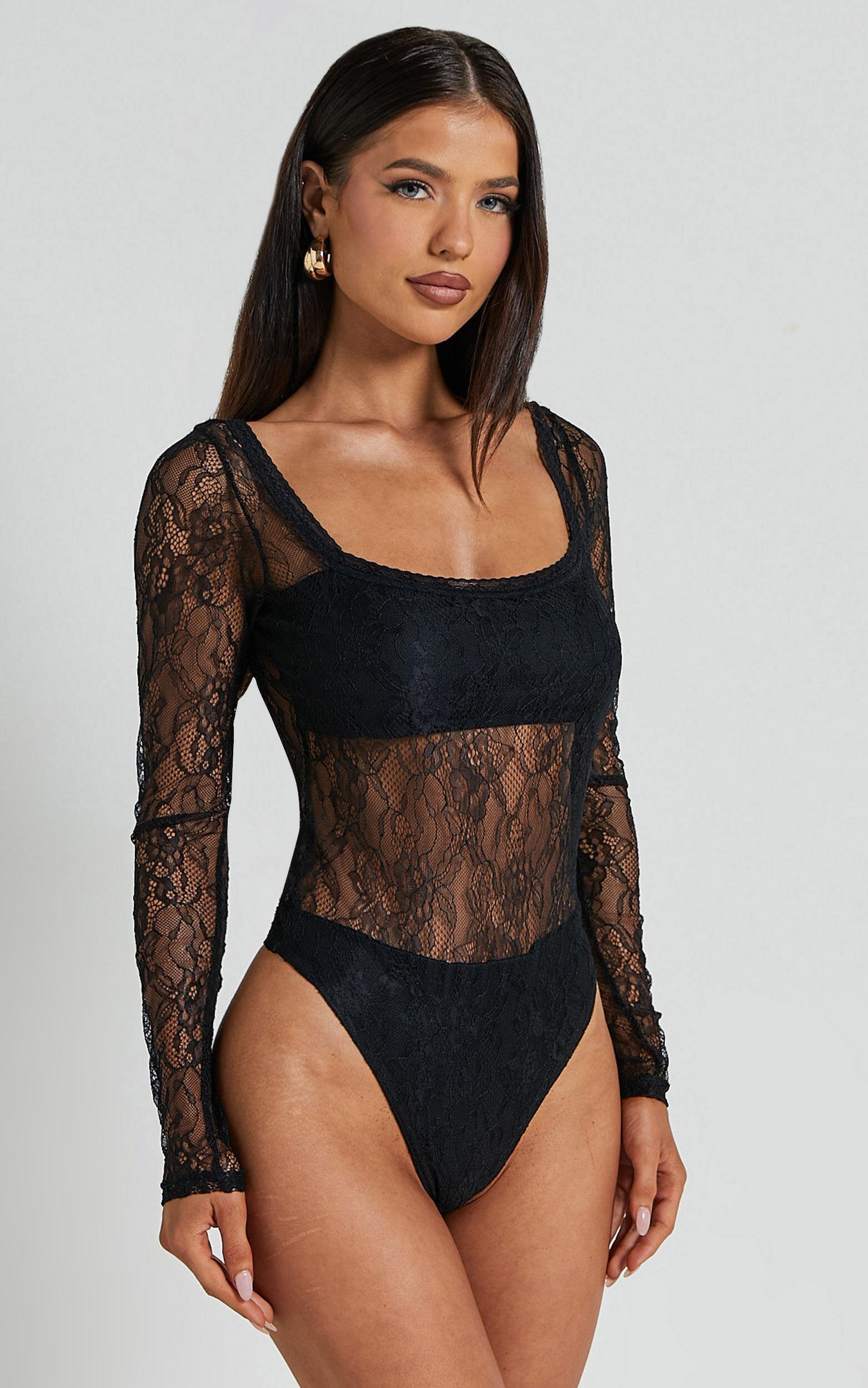 Cynthia Bodysuit - Long Sleeve Lace Bodysuit in Black Product Image