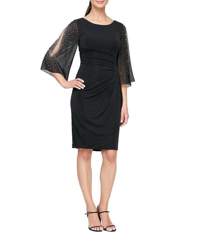 Alex Evenings Embellished Illusion Ruffle 3/4 Sleeve Round Neck Sheath Dress Product Image