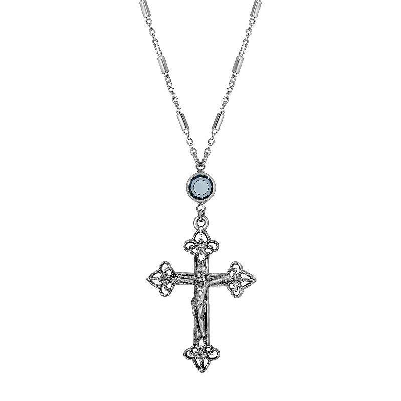 Symbols of Faith Silver-Tone Crystal Crucifix Necklace, Womens, Blue Product Image