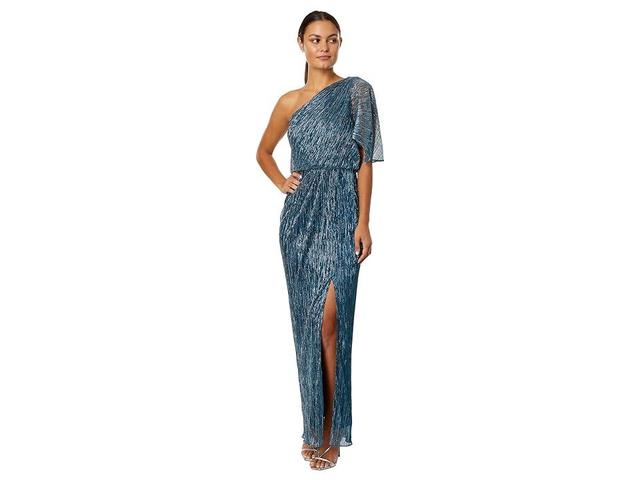 Adrianna Papell Crinkle Metallic Mesh One Shoulder Column Gown (Teal) Women's Dress Product Image