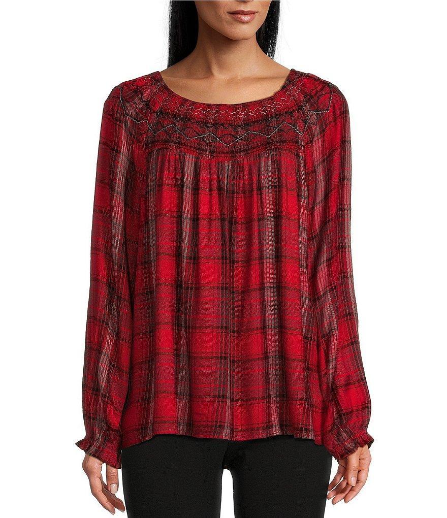 Intro Yarn-Dye Embroidered Smocked Scoop Neck Long Sleeve Plaid Print Top Product Image