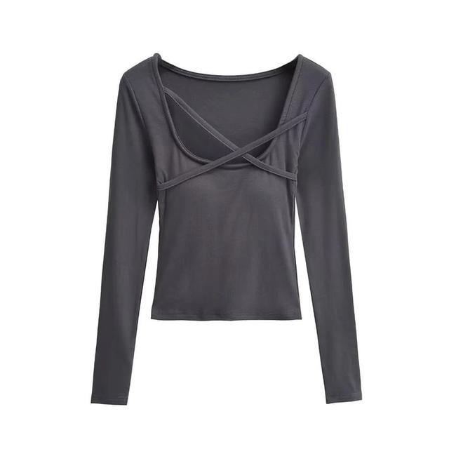 Long Sleeve Scoop Neck Plain Crisscross Crop T-Shirt Product Image