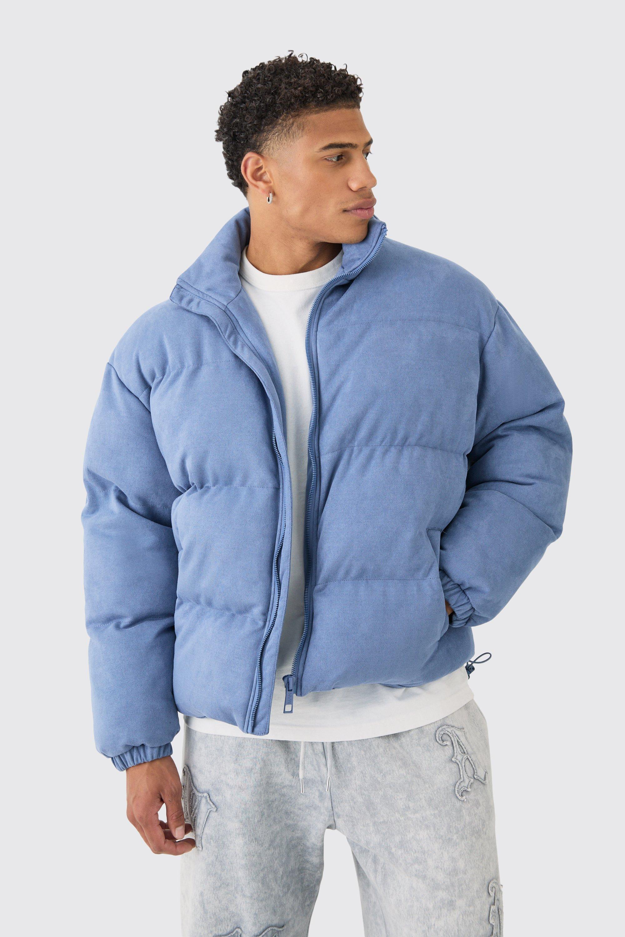 Faux Suede Funnel Neck Puffer Coat In Blue | boohooMAN USA Product Image