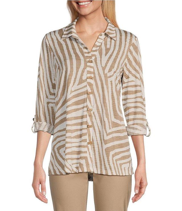 Multiples Petite Size Jacquard Knit Zebra Print Point Collar Long Roll-Tab Sleeve Button-Front Shirt Product Image