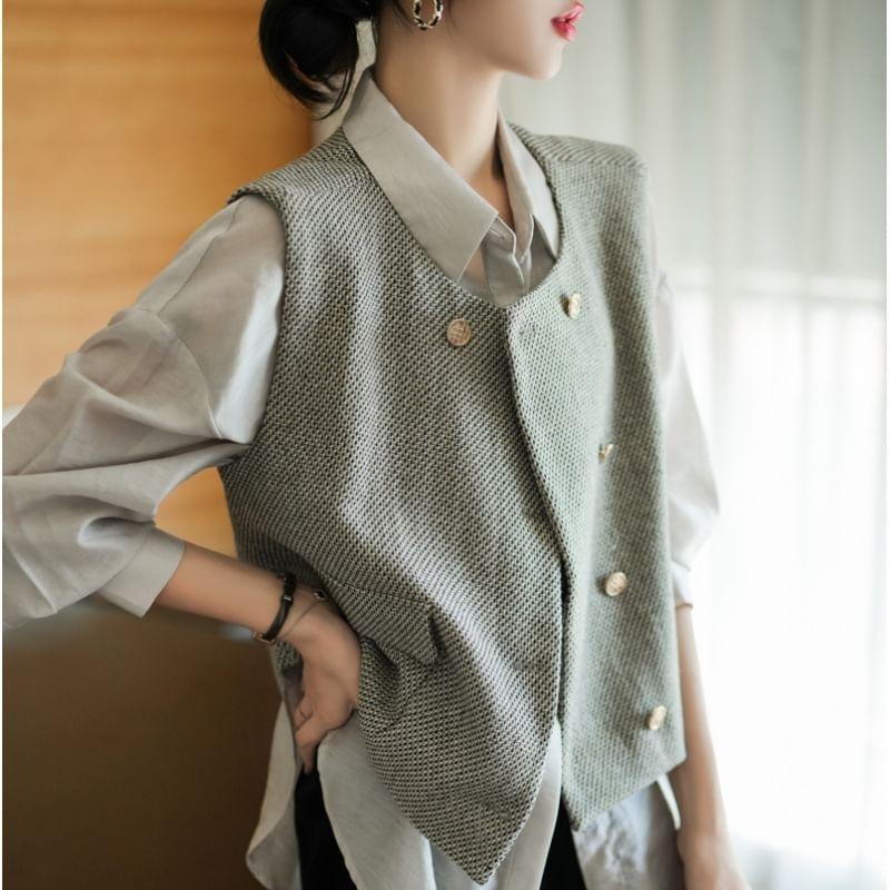 Crew Neck Tweed Double-Breasted Vest Product Image