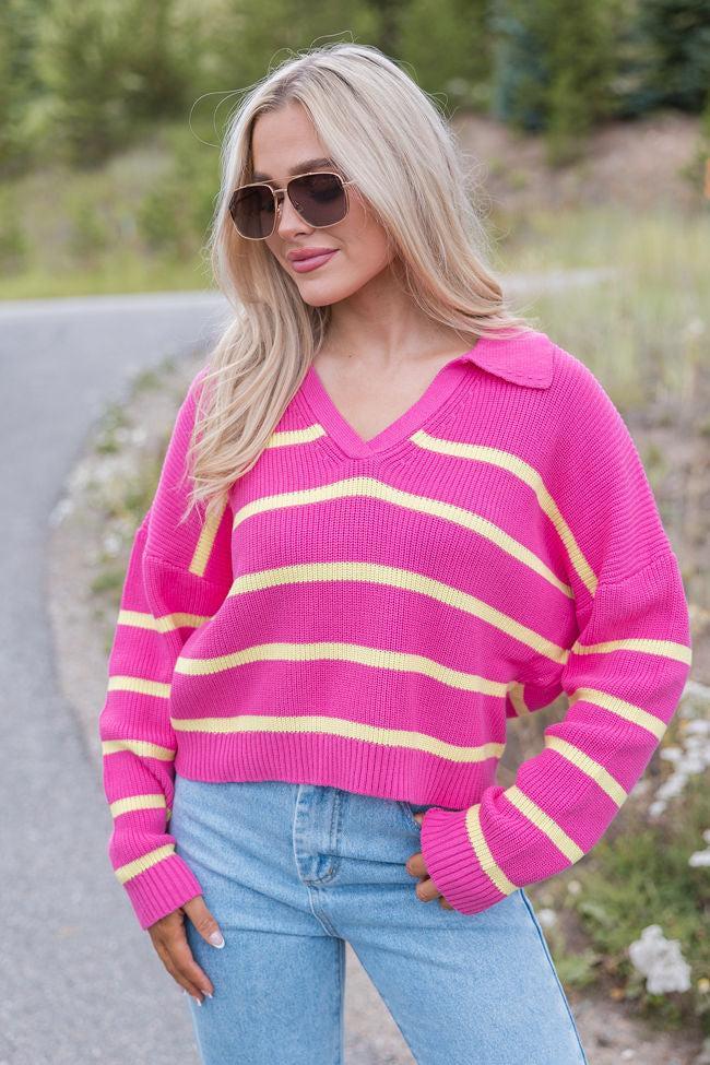 Living Proof Pink and Lime Striped Collared Sweater FINAL SALE Product Image