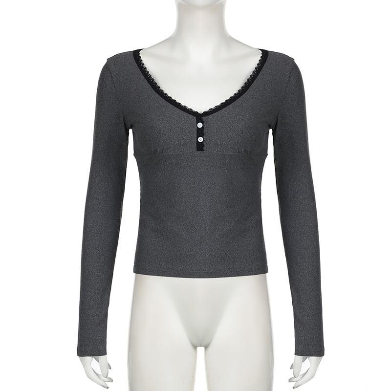 Long-Sleeve V-Neck Lace Trim Top Product Image