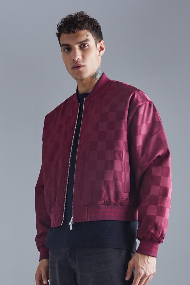 Boxy Satin Checkerboard Bomber | boohooMAN USA Product Image