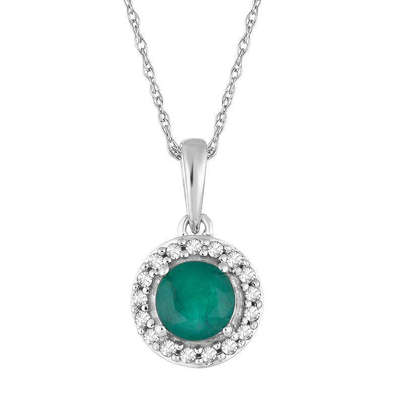 10k White Gold Emerald & 1/10 Carat T.W. Diamond Halo Pendant Necklace, Womens 10k Whgold Product Image