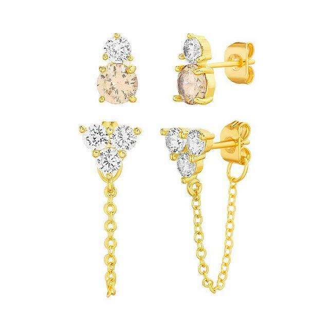 Paige Harper 14k Gold Over Recycled Brass Chain & Cubic Zirconia Stud Earring Duo Set, Womens Gold Tone Clear Product Image