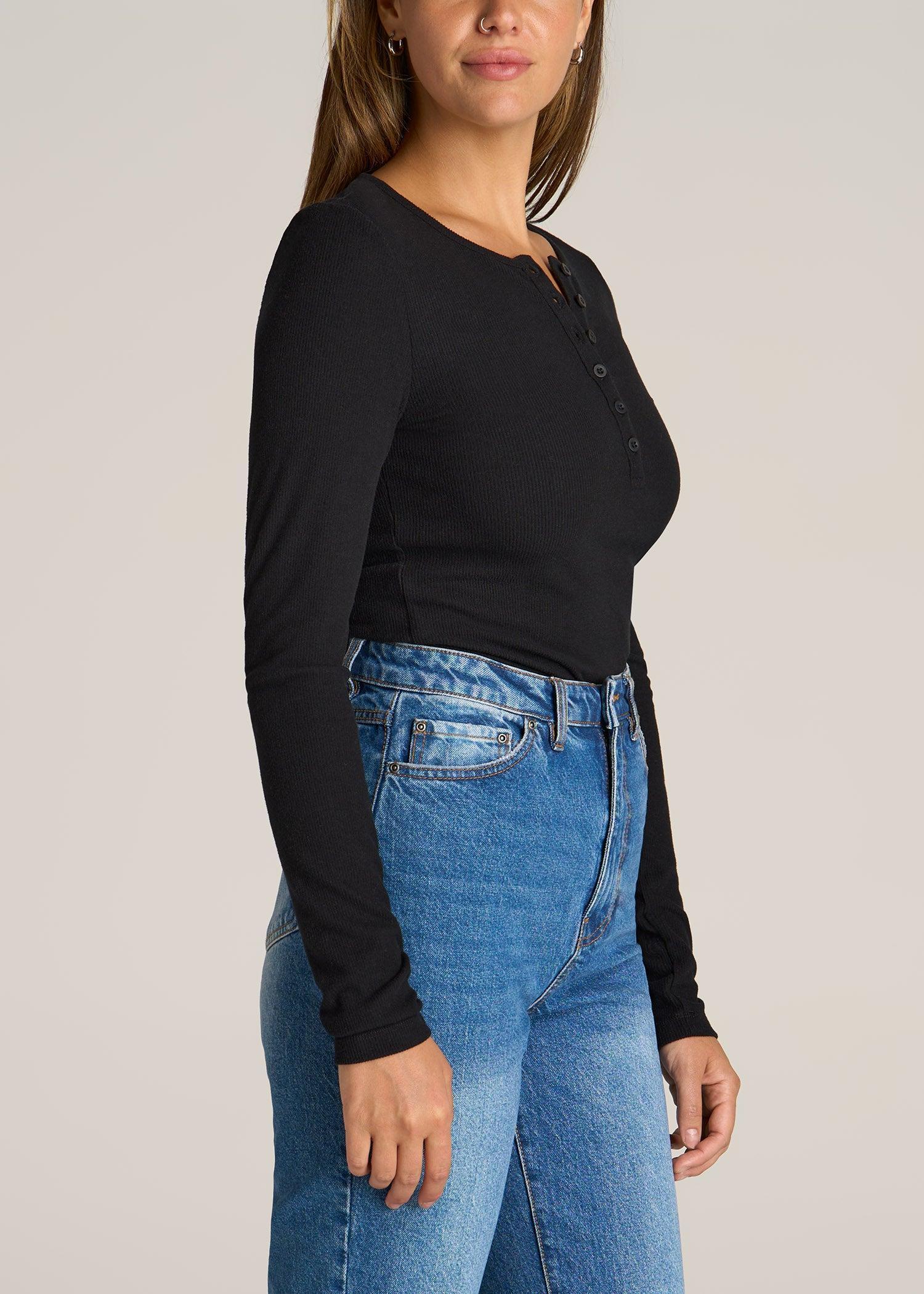 Long Sleeve Ribbed Crewneck Women's Tall Henley Shirt in Black Product Image