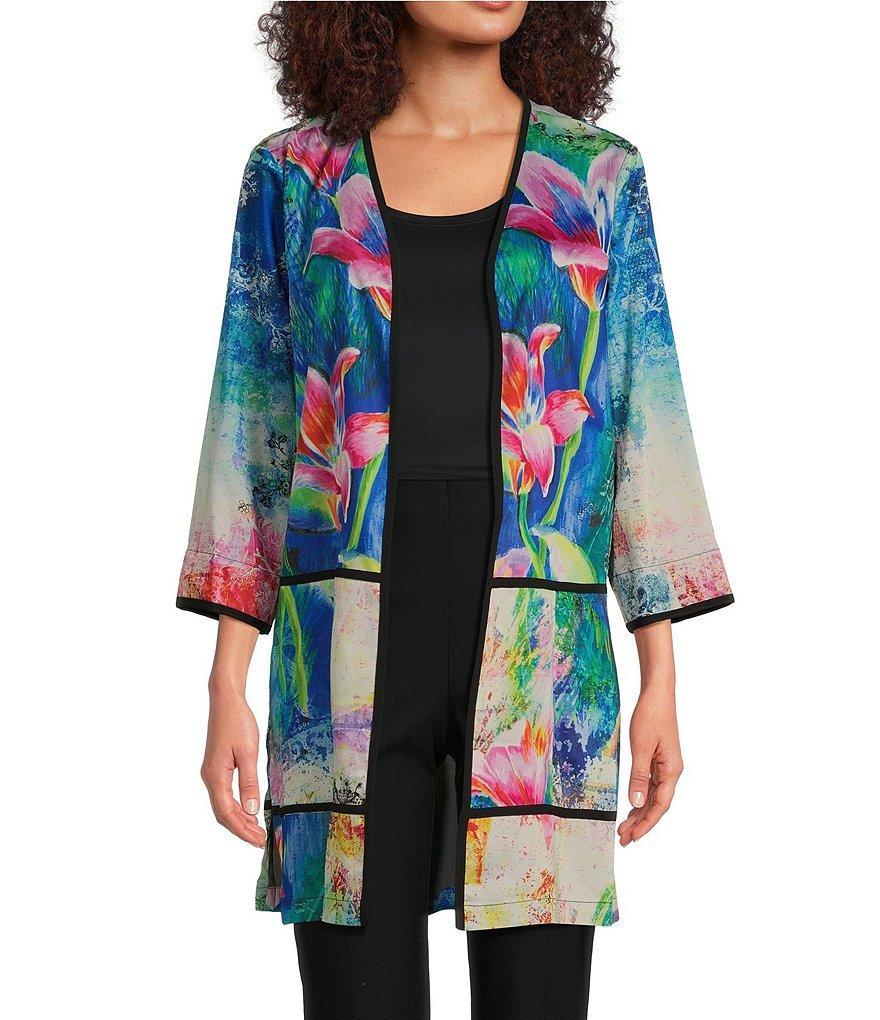 Ali Miles Woven Floral Print Open Front 3/4 Sleeve Long Kimono Product Image