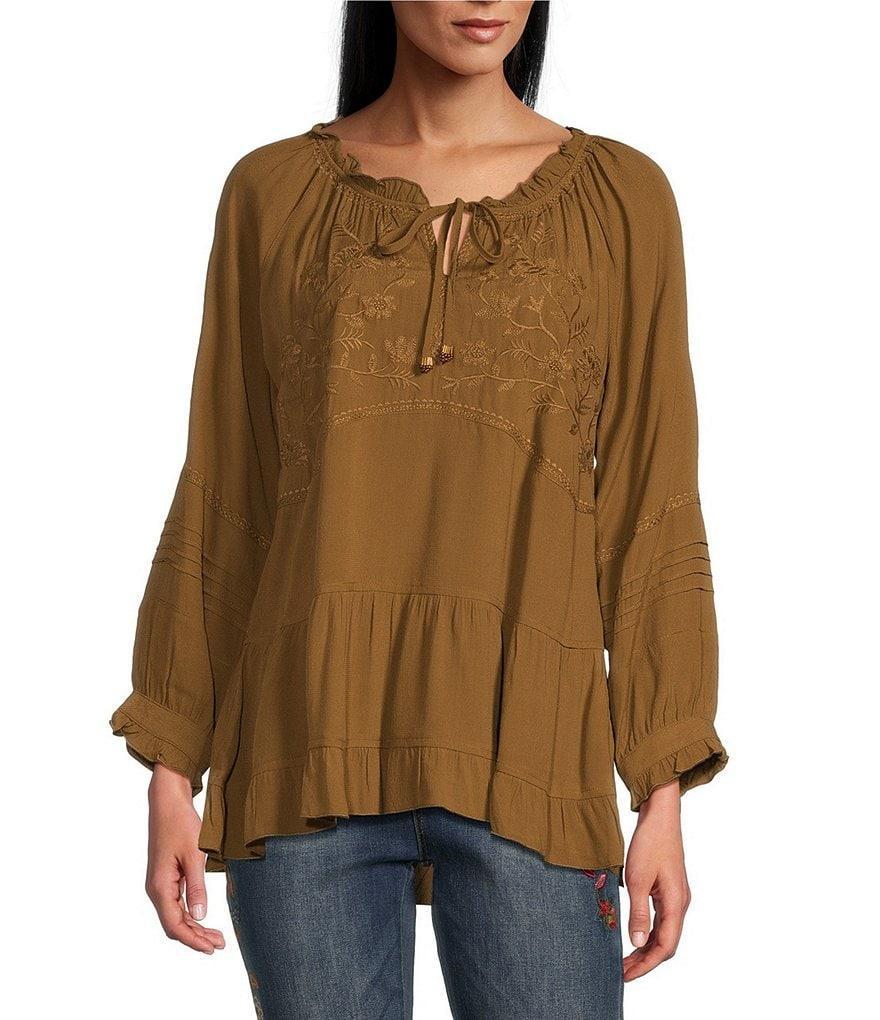 John Mark Petite Size Embroidered Round Neck 3/4 Sleeve Tiered Top Product Image