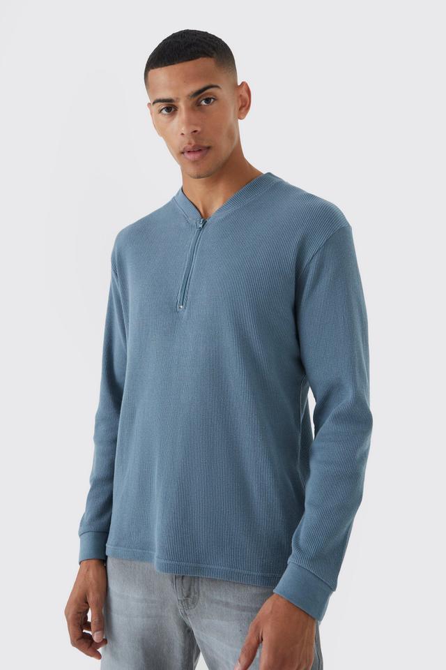 Slim Fit Waffle Bomber Neck Long Sleeve Polo | boohooMAN USA Product Image