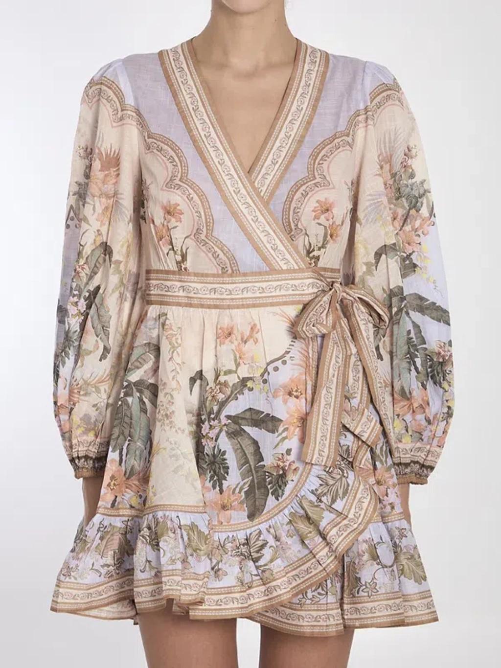 ZIMMERMANN Wylie Mini Wrap Frill Dress In Neutrals Product Image