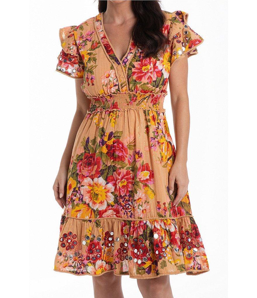 Talisman Costa V-Neck Ruffle Sleeve Valencia Floral Metallic Print Dress Product Image