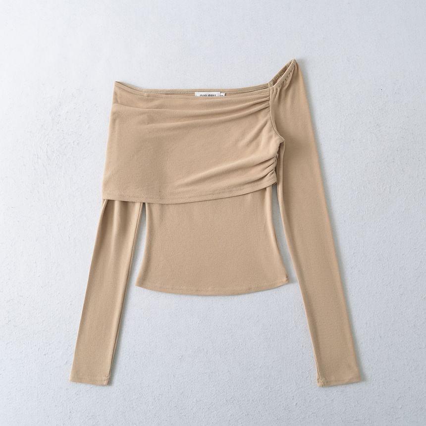 Long Sleeve Off Shoulder Plain Ruched Crop T-Shirt Product Image