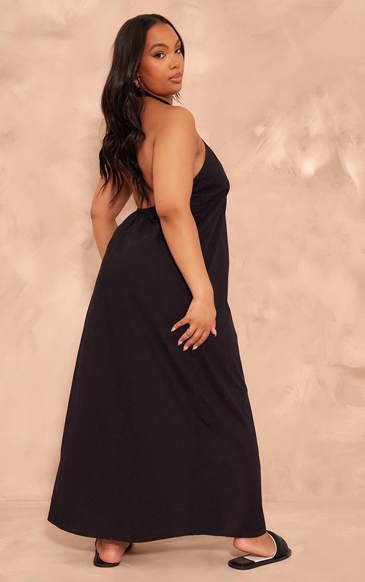 Plus Black Linen Look Knot Halterneck Maxi Dress Product Image