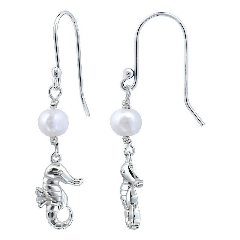 Aleure Precioso Sterling Silver Seahorse & Freshwater Cultured Pearl Drop Earrings, Womens Product Image