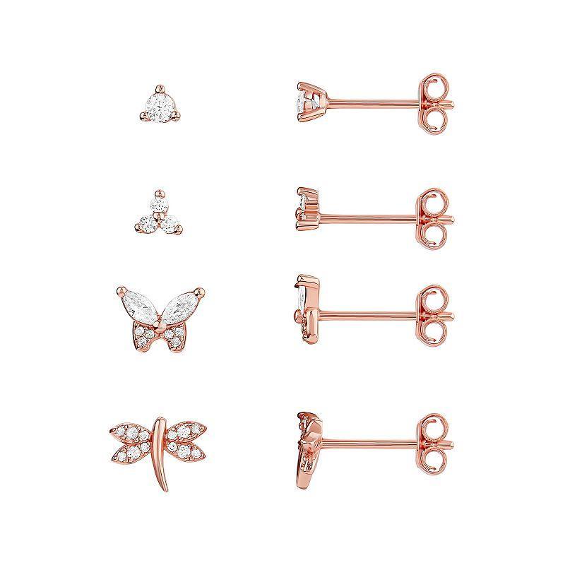 PRIMROSE 4-Pair 18k Rose Gold Plated Cubic Zirconia Dragonfly & Butterfly Stud Earring Set, Womens, Two Tone Product Image