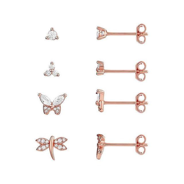 PRIMROSE 4-Pair 18k Rose Gold Plated Cubic Zirconia Dragonfly & Butterfly Stud Earring Set, Womens, Pink Product Image