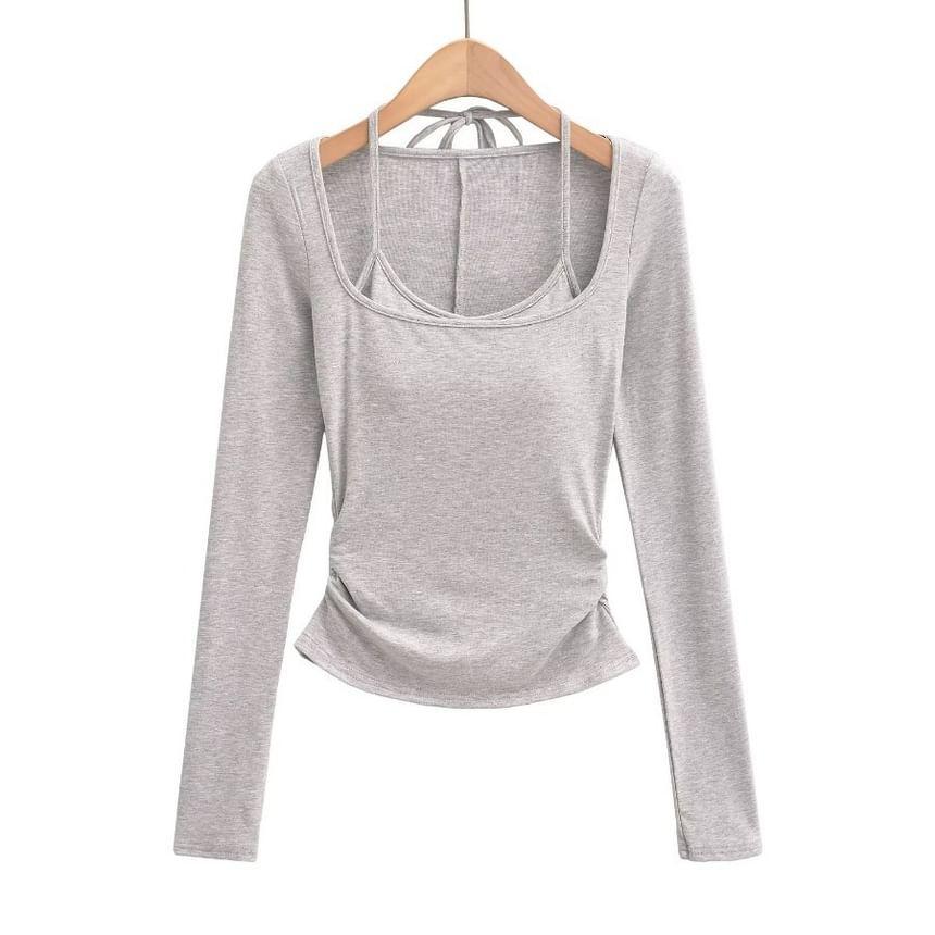 Mock Two-Piece Long-Sleeve Halter-Neck Plain Padded Shirred Tee Product Image