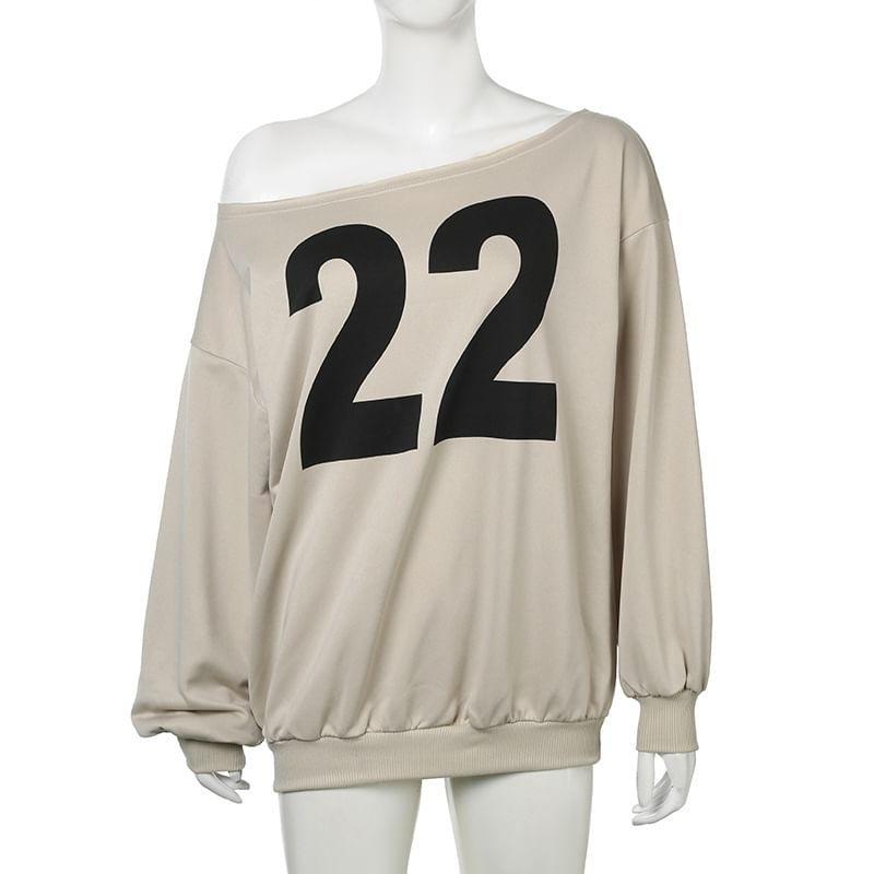 One Shoulder Numbering Print Sweatshirt Product Image