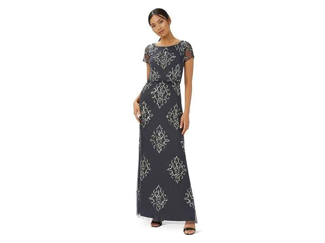 Adrianna Papell Cap Sleeve Beaded Blouson Mob Gown (Gunmetal) Women's Dress Product Image