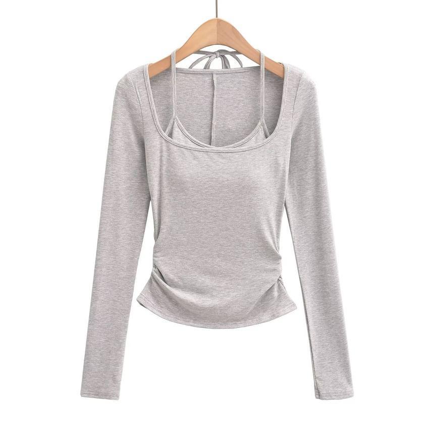 Long Sleeve Halter Plain Mock Two Piece Ruched Padded T-Shirt Product Image