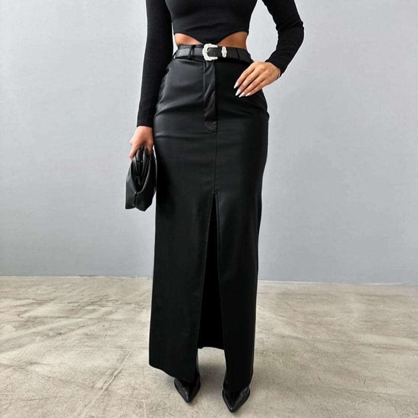 High Waist Plain Slit Faux Leather Maxi Pencil Skirt Product Image