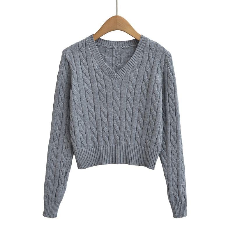 V-Neck Plain Cable Knit Crop Sweater Product Image