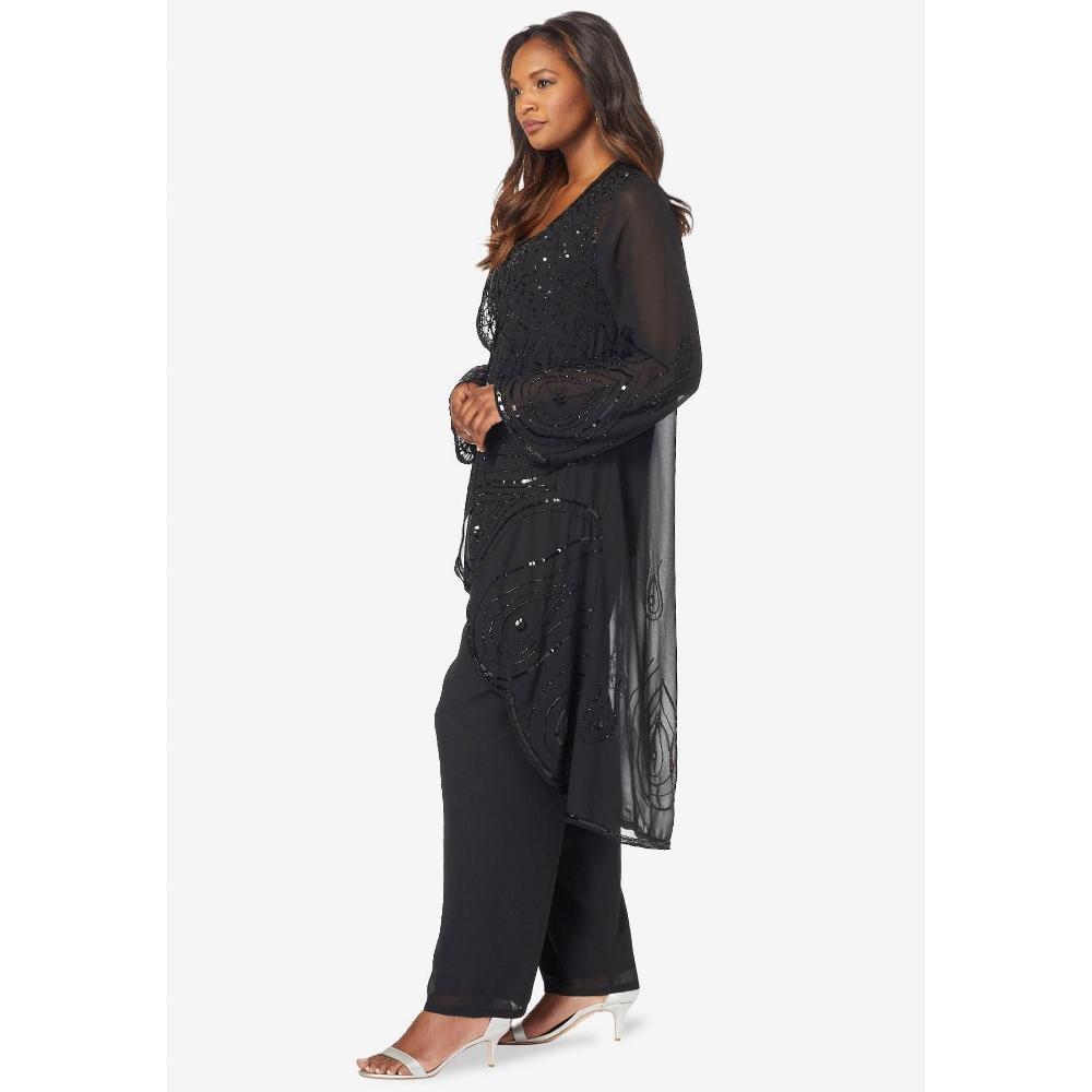 Roaman's Women's Plus Size Three-Piece Beaded Pant Suit - 38 W, Black Product Image