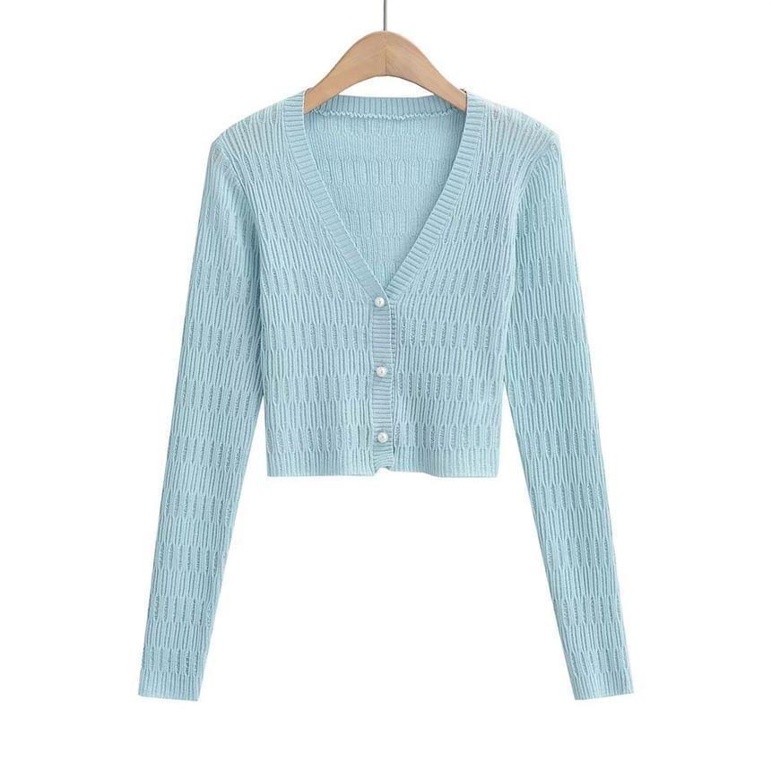 V-Neck Plain Shirred Faux Pearl Crop Button-Up Cardigan Product Image