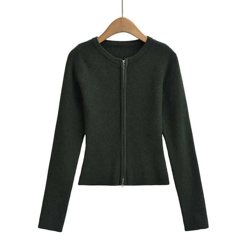 Long Sleeve Plain Slim-Fit Zip-Up Cardigan Product Image