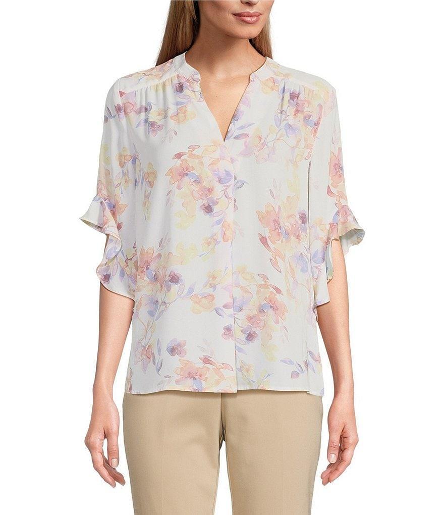 Investments Laikyn Signature Watercolor Bouquet Print V-Neck 3/4 Ruffled Sleeve Top Product Image