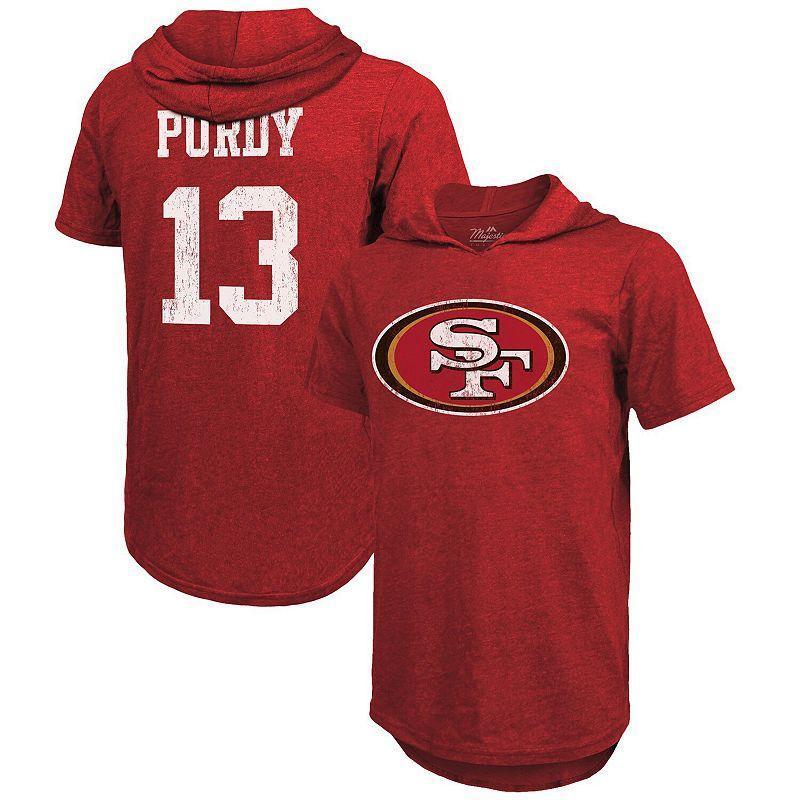 Mens Majestic Threads Brock Purdy Scarlet San Francisco 49ers Player Name and Number Tri-Blend Short Sleeve Hoodie T-shirt Product Image