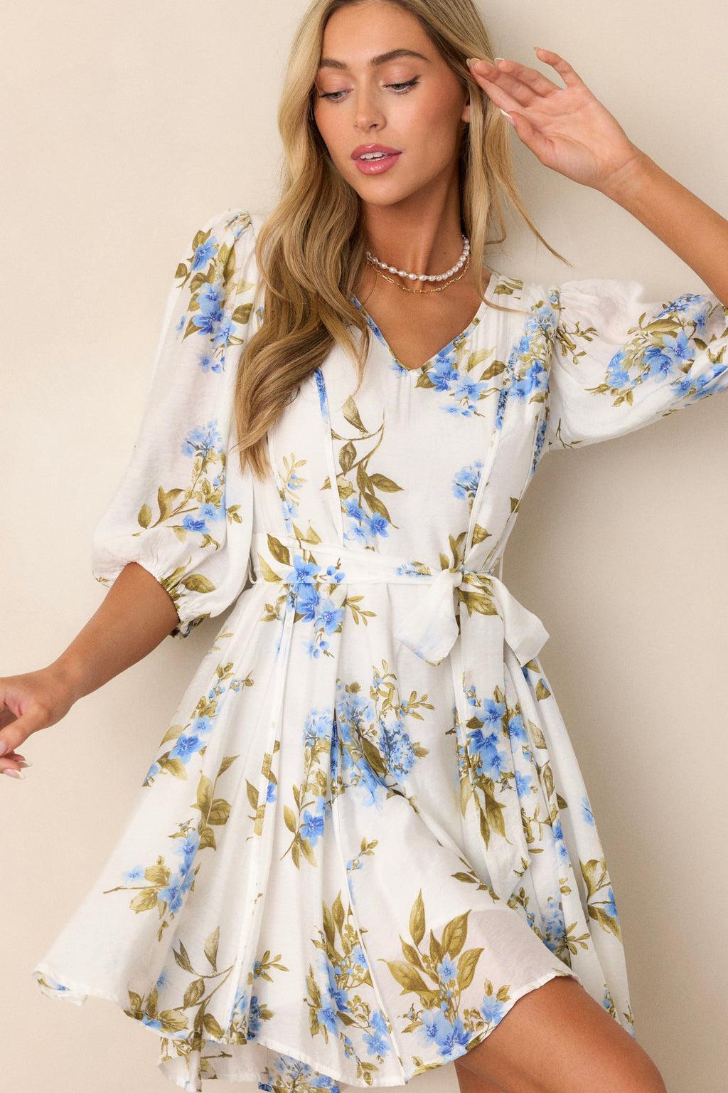 Cobalt Cosmos Blue Floral Quarter Sleeve Mini Dress Product Image