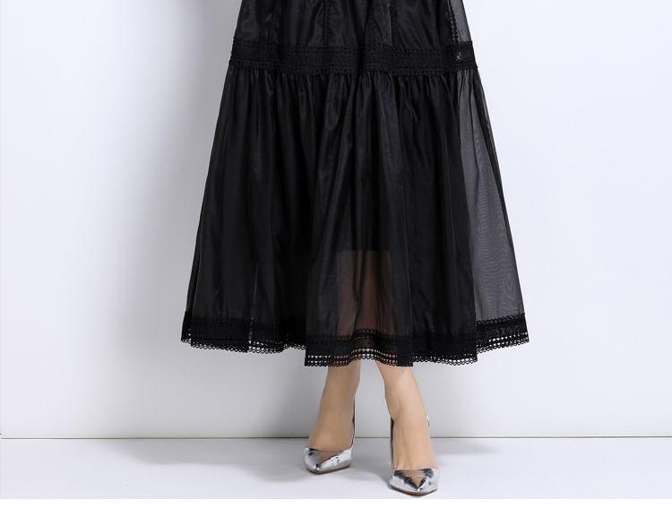 Cinched Sleeve Stand Collar Plain Panel Mesh Maxi A-Line Dress Product Image