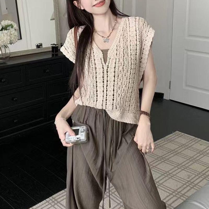 Sleeveless V-Neck Crochet Knit Top Product Image