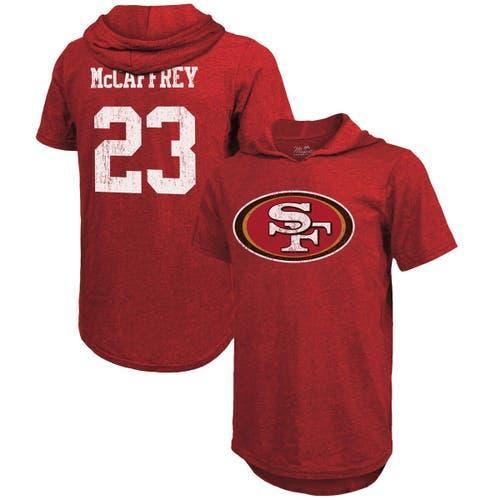 Mens Majestic Threads Christian McCaffrey Scarlet San Francisco 49ers Player Name & Number Tri-Blend Short Sleeve Hoodie T-Shirt Product Image