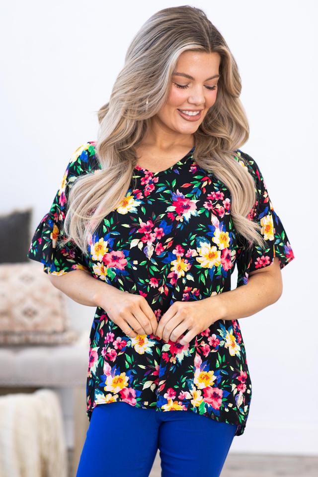 Black Multicolor Floral Print V-Neck Top Product Image