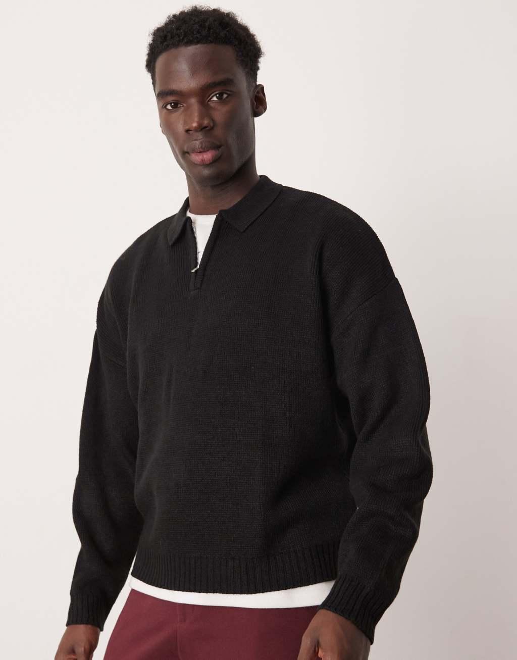 ASOS DESIGN oversized boxy fit knitted polo sweater with quarter zip in black Product Image