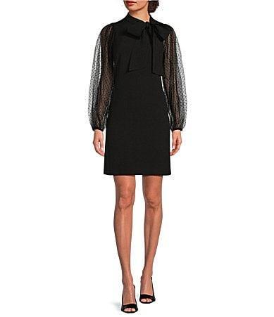 Vince Camuto Stretch Crepe Bow Mock Neck Long Sleeve Flocked Mesh Dot Shift Dress Product Image