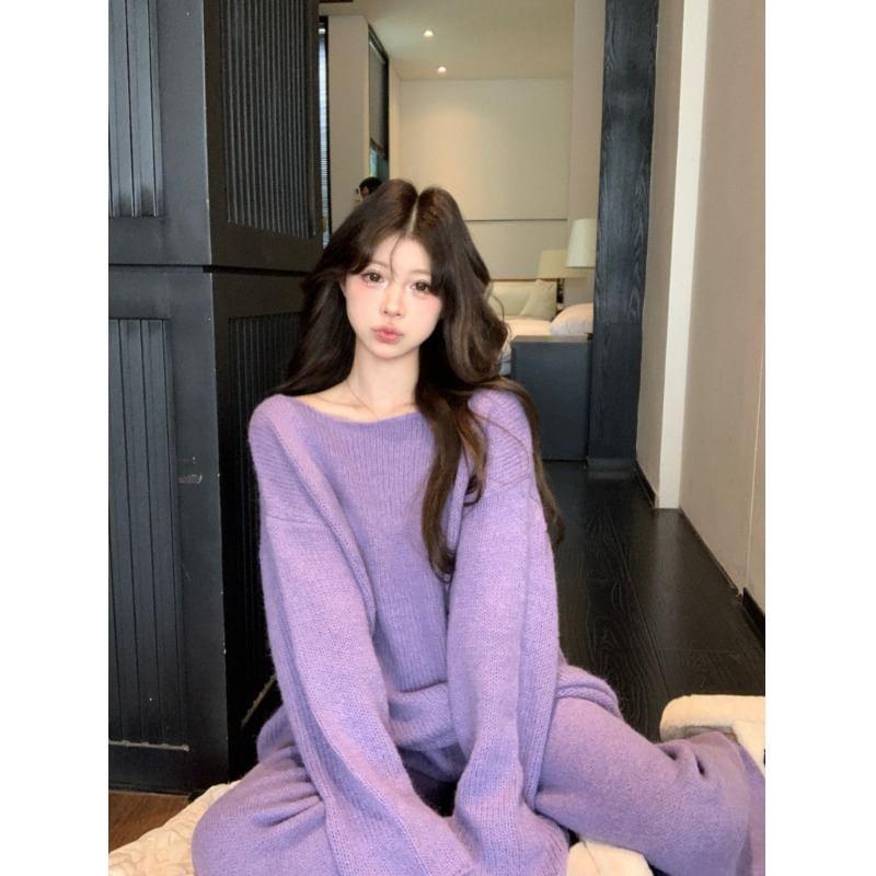 Off-Shoulder Plain Oversized Sweater / High Rise Knit Wide Leg Pants Product Image