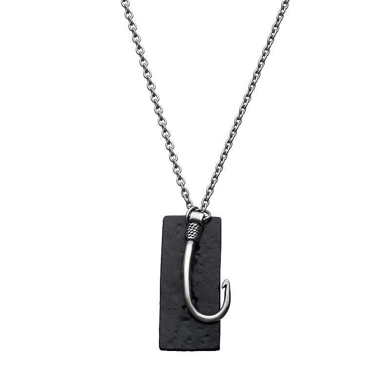 Mens Stainless Steel Black Tag Fish Hook Pendant Necklace Two Tone Product Image