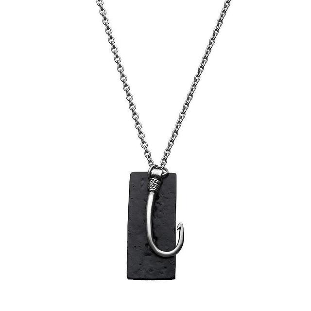 Mens Stainless Steel Black Tag Fish Hook Pendant Necklace Two Tone Product Image