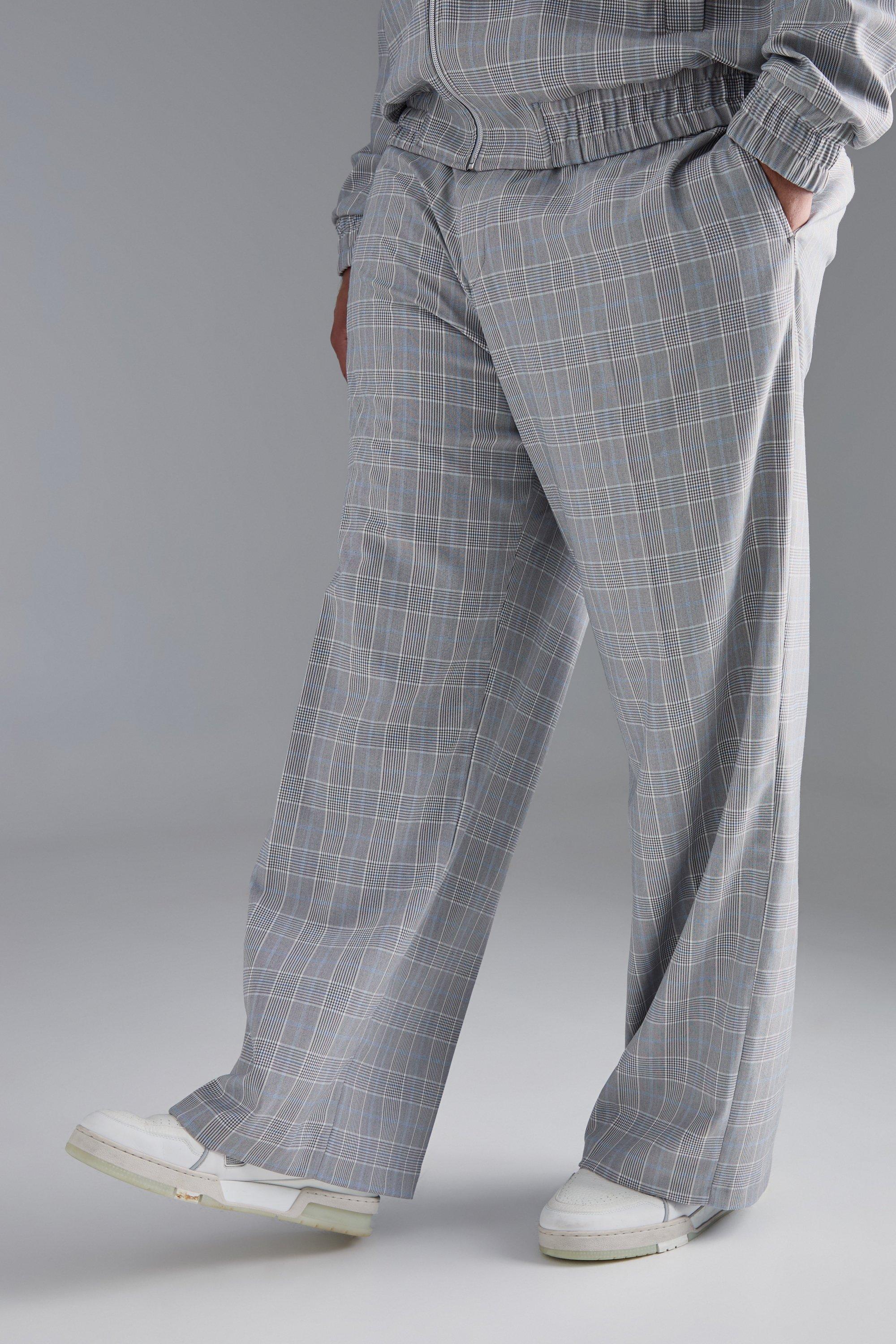 Mens Grey Plus Check Tailored Wide Leg Trousers, Grey Product Image